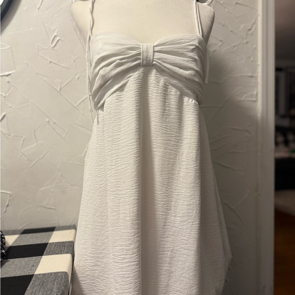 White Ruched Tie Front Sundress